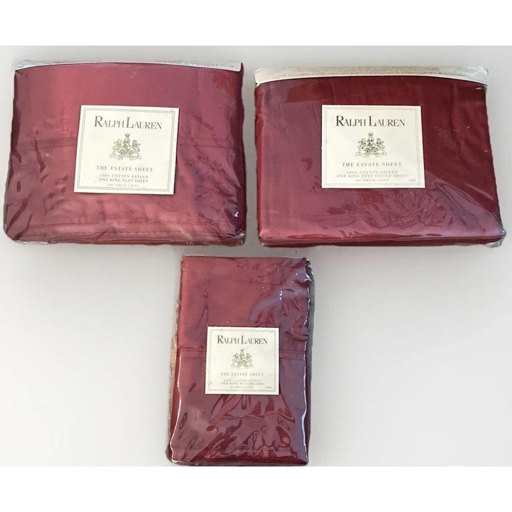 RARE Ralph Lauren Estate Sateen Damask Red King Sheet Set 4PC NOS Sealed
